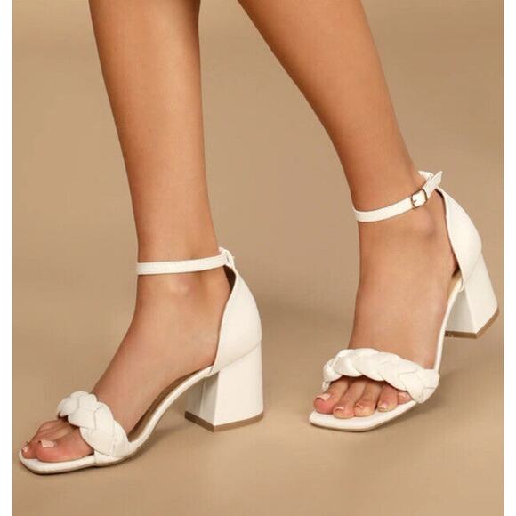 Lulus Elda White Woven High Heel Sandals Ankle Strap Size 10 Bride Wedding - Picture 1 of 9